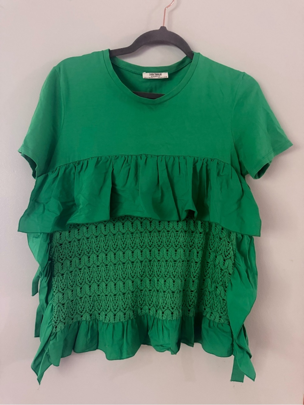 ZARA Trafaluc Kelly Green Ruffle Lace Babydoll Side-Tie Open Boho Peplum Blouse